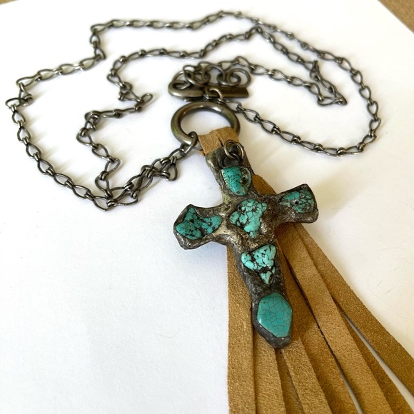 NEW Jamie Dietrich Silver Turquoise Cross Tan Tassel Stainless Steel Necklace - Picture 12 of 14